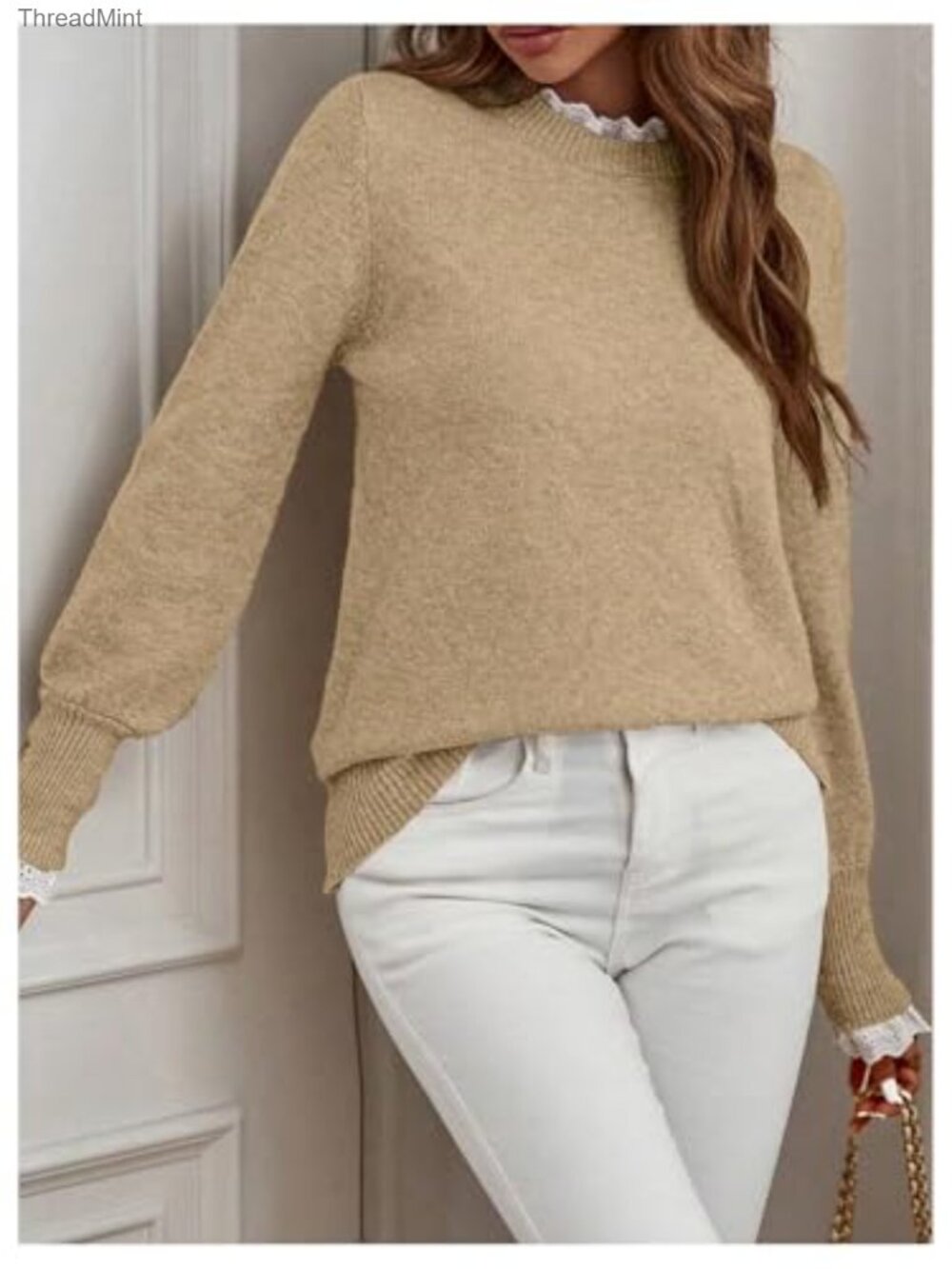 Mock Neck Peplum Lace Sweater Pullover Cozy Knit Tops - Picture 6 of 6